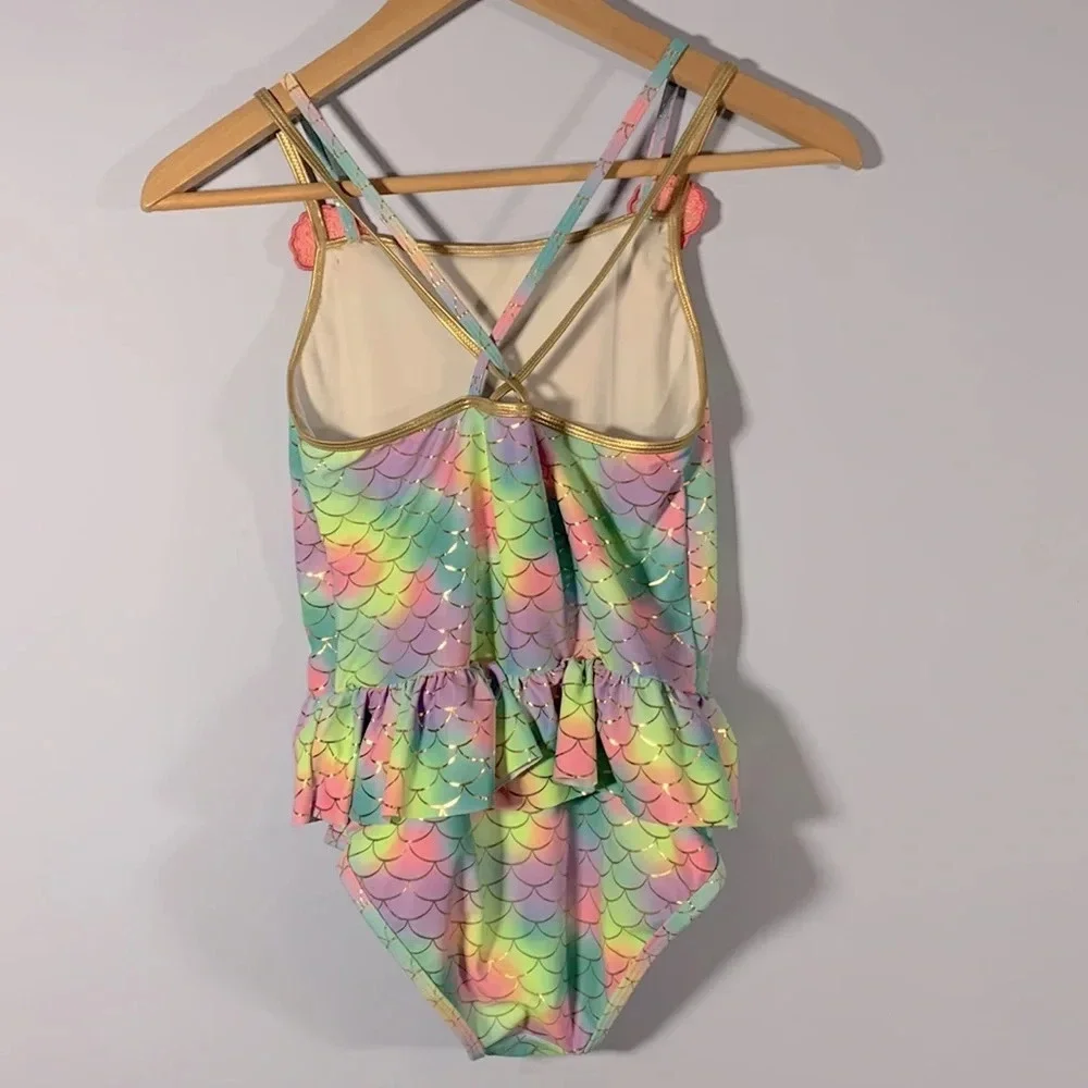 Betsy johnson size xl 14 rainbow mermaid skirt one piece swimsuit pink seashell